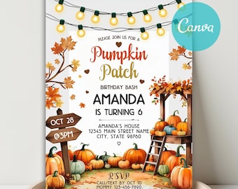 May include: A fall-themed invitation for a pumpkin patch birthday bash. The design features pumpkins, autumn leaves, and string lights. The invitation includes the text "Pumpkin Patch Birthday Bash", the name "Amanda", and the date and time of the event.