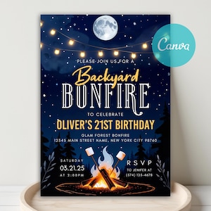May include: A digital invitation for a backyard bonfire birthday party. The design features a dark blue night sky with a full moon, stars, and string lights. The text reads "Backyard Bonfire" and "Oliver's 21st Birthday". A bonfire graphic is at the bottom.