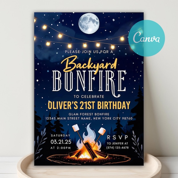 Backyard Bonfire Geburtstagseinladung, S'mores Lagerfeuer (Digitale Einladung)