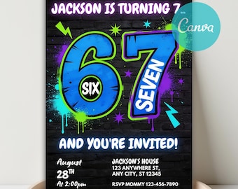 Six Seven Birthday Invitation, Neon Graffiti 6 7 Meme Invitation, I was 6 now I'm 7 Party Invite, 6-7 Boys 7th Birthday, Canva Template