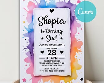 Rainbow Paint Birthday Invitation, Watercolor Pastel (Digital Invitation)