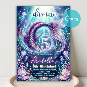 May include: A vibrant mermaid-themed birthday invitation with the text "dive into" and "5". The design features a mermaid, jellyfish, seahorses, and seashells in shades of purple, blue, and teal. The invitation is for Arabella's 5th birthday.