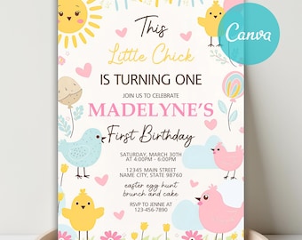 May include: A pastel-colored birthday invitation with the text "This Little Chick Is Turning One." The design includes cartoon chicks, a sun, hearts, and flowers. The invitation is for Madelyne's first birthday.