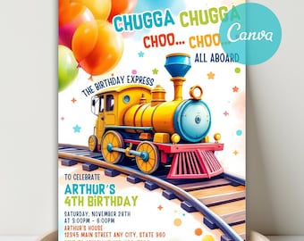 Invito di compleanno a tema treno, Chugga Chugga, modello Canva fai da te (digitale)
