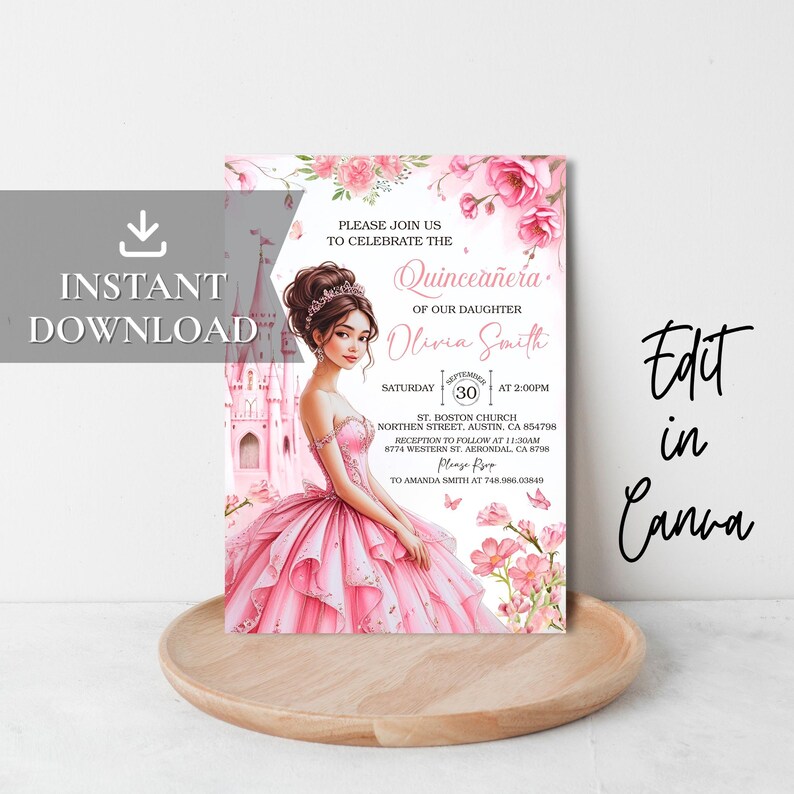 Pink Floral Quinceañera Invitation, Fairytale Princess (digital ...