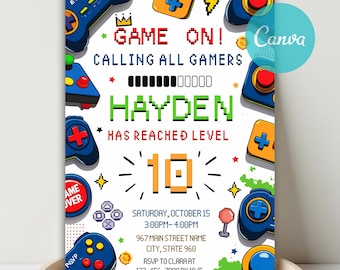 Inbjudan till retro arkadfödelsedag, inbjudan till videospel, inbjudan till spelfest, vintage spelkontroll, nivå upp, Game On, pojkespelare, canvas