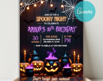 May include: Halloween-themed invitation with the text "Join us for a Spooky Night to Celebrate Aaron's 10th Birthday." The design features jack-o'-lanterns, cauldrons, bats, and a spider web. The invitation includes the date, time, and RSVP information.