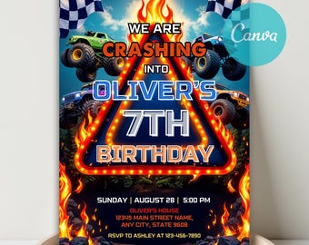 Monster Truck Birthday Invitation, Fire Monster Truck Invitation, Monster Truck Bash, Boy Truck Theme Party Invite, Big Truck Invitation DIY