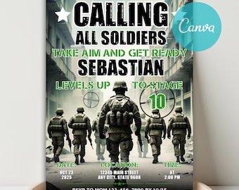 Könnte beinhalten: Eine Einladung mit Militärthema. Der Text lautet "CALLING ALL SOLDIERS" und "TAKE AIM AND GET READY SEBASTIAN LEVELS UP TO STAGE 10." Datum, Uhrzeit und Ort sind ebenfalls angegeben. Der Hintergrund zeigt marschierende Soldaten.