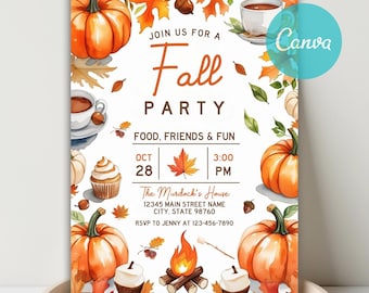 May include: A fall party invitation with orange pumpkins, autumn leaves, and a cup of hot chocolate. The invitation text reads "Join us for a Fall Party" with the date, time, and location details. The design includes a bonfire and cupcakes.