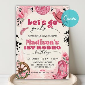 Editable Pink Cowgirl Let&#39;s Go Girls Birthday Party Invitation, Cowgirl Invitation, Yee Haw Cowgirl Party, Nashville, Rodeo Birthday, Canva
