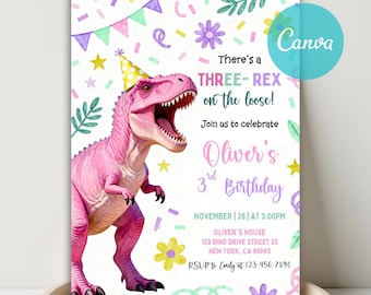 Mädchen drei Rex Party Einladung, Dinosaurier-Geburtstags-Einladung, Pastel drei-Rex auf die lose, dritte Geburtstags-Dino-Party, Canva-Vorlage