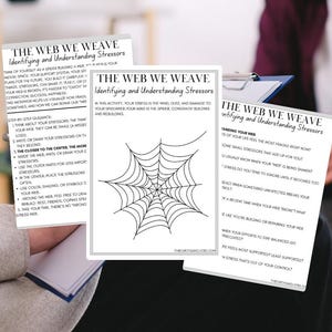 Puede incluir: Tres tarjetas blancas con el texto "THE WEB WE WEAVE Identifying and Understanding Stressors" y un gráfico de telaraña. Las tarjetas se sostienen frente a un fondo borroso, lo que sugiere un entorno de asesoramiento o terapia.