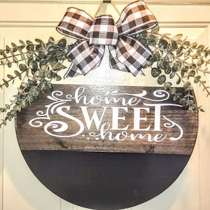 Home Sweet Home Door Hanger |  Farmhouse Front Door Sign | Buffalo Check Bow & Greenery | Rustic Porch Decor | Handmade Welcome Sign | Gift