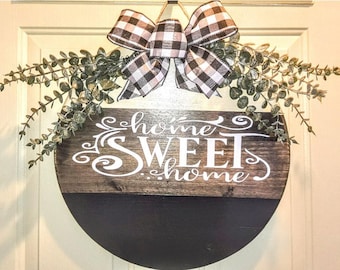 Home Sweet Home Door Hanger |  Farmhouse Front Door Sign | Buffalo Check Bow & Greenery | Rustic Porch Decor | Handmade Welcome Sign | Gift
