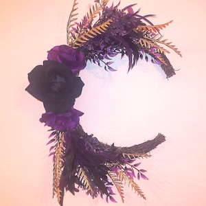 Crescent Moon Wreath with Purple Roses | Gothic Floral Door Hanger | Witchy Celestial Wall Decor | Moon Phase Grapevine Wreath | Feathers