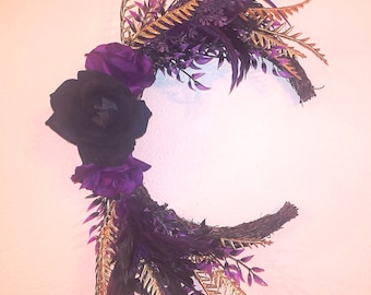 Crescent Moon Wreath with Purple Roses | Gothic Floral Door Hanger | Witchy Celestial Wall Decor | Moon Phase Grapevine Wreath | Feathers