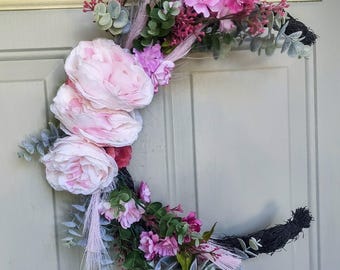 Crescent Moon Wreath with pink floral | Floral Door Hanger | Celestial Wall Decor | Moon Phase Grapevine Wreath | Handmade | unique gift