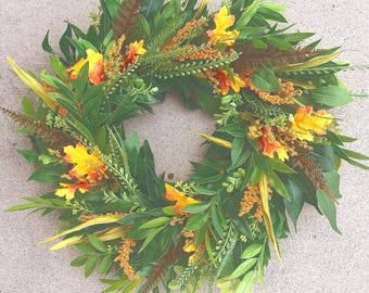 Fall Wreath for Front Door – Autumn Greenery Wreath with Rustic Orange Accents, Farmhouse Decor, Thanksgiving Door Wreath, Year-Round Artifi