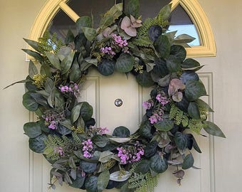 Large 24" Eucalyptus Wreath with Purple Florals | Year-Round Front Door Wreath | Faux Greenery Wreath | Rustic Farmhouse Entryway Decor |