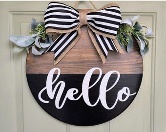 Hello Door Hanger – 18” Round Front Door Sign | Modern Farmhouse Welcome Wreath | Black & Wood with Striped Bow | Year-Round Porch Decor