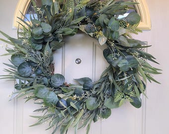 Large 23” Eucalyptus Wreath | Year-Round Front Door Wreath | Faux Greenery Wreath | Neutral Farmhouse Decor | Handmade Porch Accent | gift