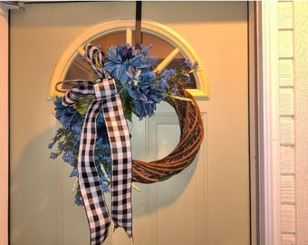 Front door wreath, all seasons wreath, faux wreath, greenery wreath, gift for her, housewarming gift, new home gift, blue wreath, porch deco