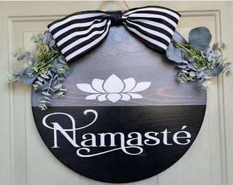 Namaste Door Hanger | Yoga Decor | Faux Floral Welcome Sign | Boho Front Door Sign | Handmade Round Wood Sign | Meditation Room Decor