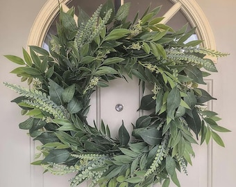 Minimalist Faux Greenery Wreath for Front Door | Handmade Year-Round Door Decor | Modern Farmhouse Artificial Wreath | Spring & Summer Porch