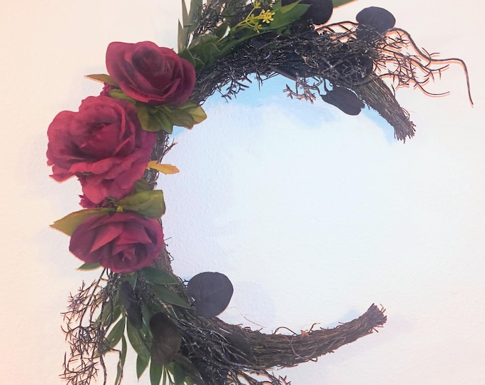 Featured listing image: Crescent Moon Wreath with Ruscus | Gothic Floral Door Hanger | Witchy Celestial Wall Decor | Moon Phase Grapevine Wreath | Handmade | Unique