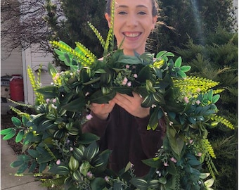 Large Faux Greenery Wreath | Spring & Summer Front Door Wreath | Handmade Everyday Wreath | Year-Round Porch Decor | Artificial Green Wreath
