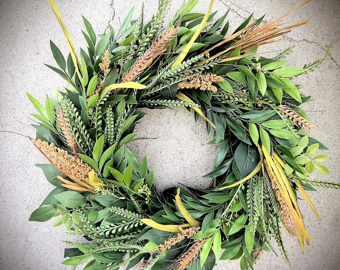 Featured listing image: Fall Wreath for Front Door – Autumn Greenery Wreath with Rustic Orange Accents, Farmhouse Decor, Thanksgiving Door Wreath, Year-Round Artifi