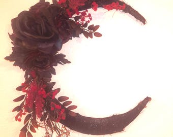 Crescent Moon Wreath with Maroon  Roses | Gothic Floral Door Hanger | Witchy Celestial Wall Decor | Moon Phase Grapevine Wreath | Indoor