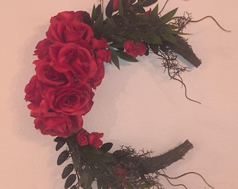Crescent Moon Wreath with Ruscus | Gothic Floral Door Hanger | Witchy Celestial Wall Decor | Moon Phase Grapevine Wreath | Handmade | Unique