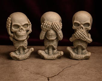 hear no evil see no evil speak no evil skeleton figurines, concrete figurines, Halloween decor, skeleton decor, gift for her, spooky season