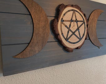 Triple Moon Pentacle Wall Art | Rustic Witchy Wood Decor | Pagan Wiccan Altar Sign | Handmade Moon Phase Plaque | Dark Boho Wall Hanger