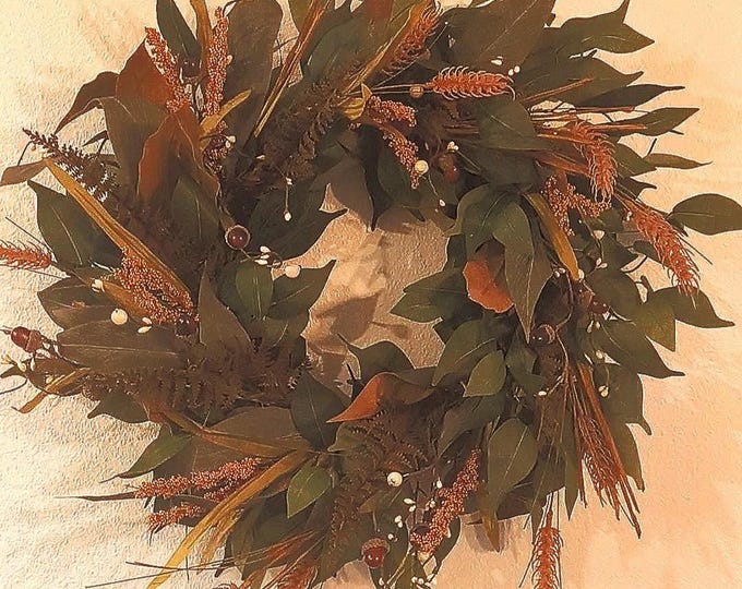 Featured listing image: Fall Wreath for Front Door – Autumn Greenery Wreath with Rustic Orange Accents, Farmhouse Decor, Thanksgiving Door Wreath, Year-Round Artifi