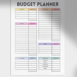 May include: A white budget planner sheet with the text "BUDGET PLANNER" at the top. The planner includes sections for income, expenses, bills, savings, and a summary. Each section has columns for amounts and details.