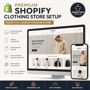 May include: A computer monitor and smartphone display a fashion store website. The website features a clean design with images of clothing and the text "NEW SEASON NEW STYLE." The image also includes the text "PREMIUM SHOPIFY CLOTHING STORE SETUP."