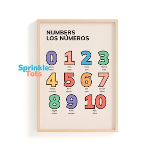 May include: A framed educational print featuring numbers 0-10 in English and Spanish. Each number is displayed in a different color with its corresponding word in both languages. The print has a beige background and a wooden frame.