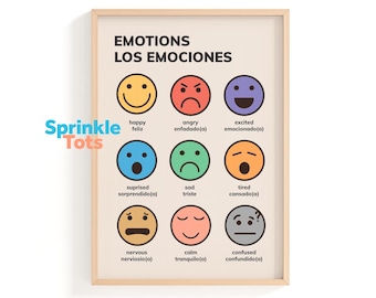 Bilingual Spanish English Emotions Poster | Feelings Chart Printable for Kids | Emotional Learning Wall Art
