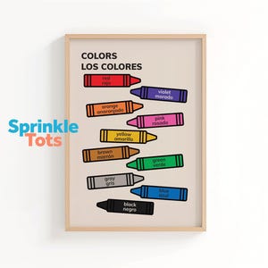 Bilingual Spanish English Colours Poster | Printable Color Chart for Kids | Educational Wall Art for Nursery or Class | Crayons Color Chart