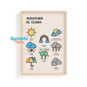 Bilingual Spanish English Weather Poster | Printable Kids Wall Art | Educational Classroom Decor | Learn the Weather Words