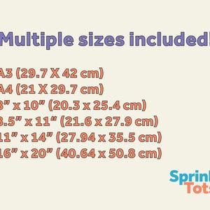 May include: Cream-colored graphic with the text "Multiple sizes included!" listing various print sizes, including 8" x 10" and 11" x 14". The logo for Sprinkle Tots is in the bottom right corner.