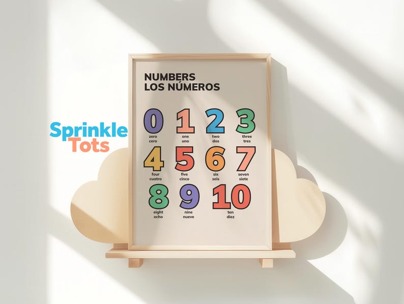 May include: A framed educational poster with the words "NUMBERS LOS N&Uacute;MEROS" at the top. The poster displays the numbers 0-10 in various colors, with English and Spanish translations below each number. The Sprinkle Tots logo is visible.