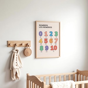 May include: A framed educational poster with the text "NUMBERS LOS N&Uacute;MEROS" displays numbers 0-10 in various colors. A wooden coat rack holds a beige outfit and a woven bag. A wooden crib is in the foreground.
