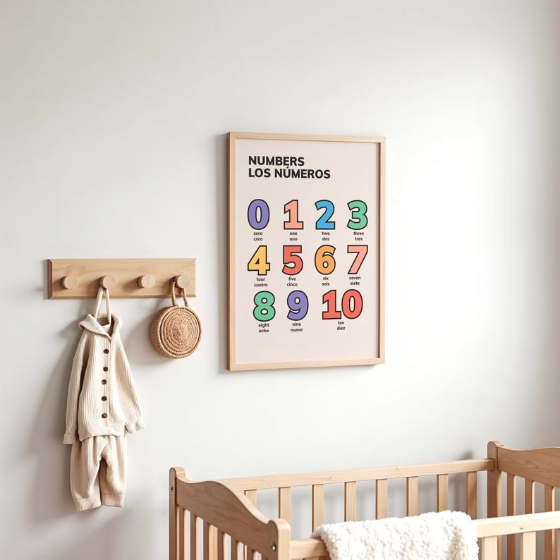 May include: A framed educational poster with the text "NUMBERS LOS N&Uacute;MEROS" displays numbers 0-10 in various colors. A wooden coat rack holds a beige outfit and a woven bag. A wooden crib is in the foreground.