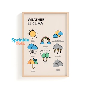 Póster meteorológico bilingüe español-inglés / Arte mural imprimible para niños / Decoración educativa para el aula / Aprende las palabras del clima
