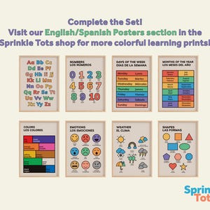May include: Educational posters with colorful illustrations of the alphabet, numbers, days of the week, months of the year, colors, emotions, weather, and shapes. The posters are in English and Spanish.