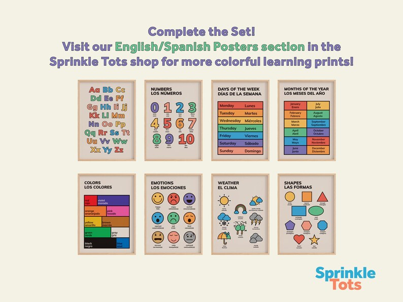 May include: Educational posters with colorful illustrations of the alphabet, numbers, days of the week, months of the year, colors, emotions, weather, and shapes. The posters are in English and Spanish.